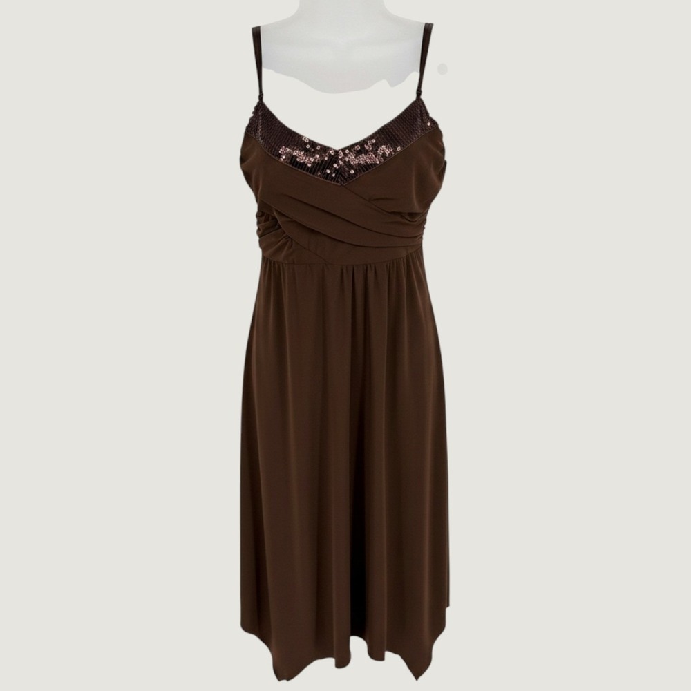 Y2K Charlotte Russe Brown Sequin Handkerchief Hem Dress Size M Empire Waist Hoco